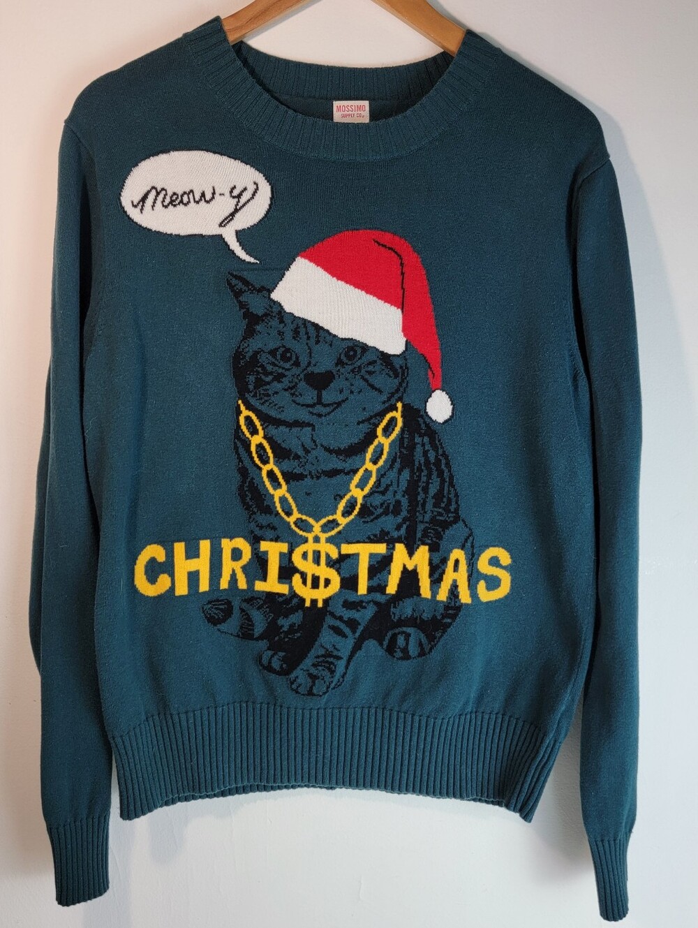 Cute Cat Ugly Christmas Sweater Men's Medium Athletic Fit Teal 100% Cotton